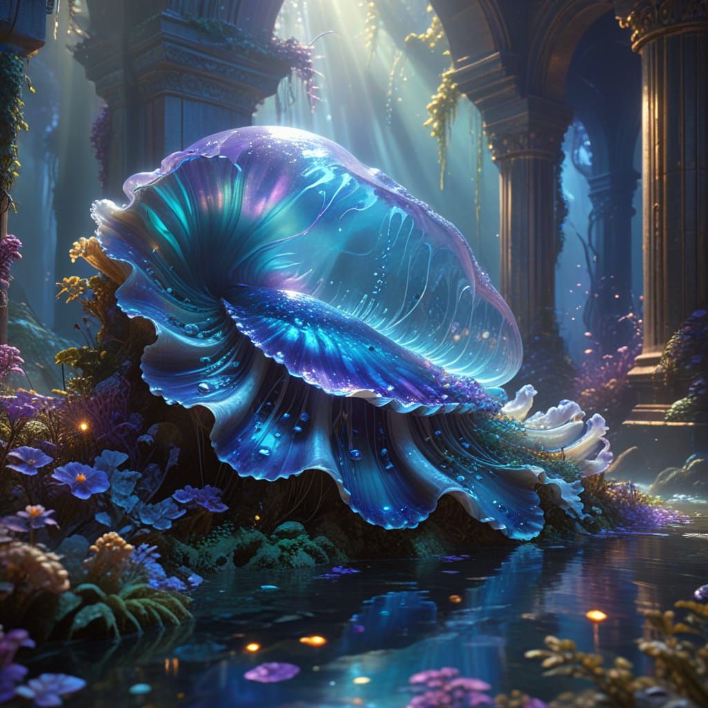 Ethereal Temple Inside Giant Clam in Fantasy Style