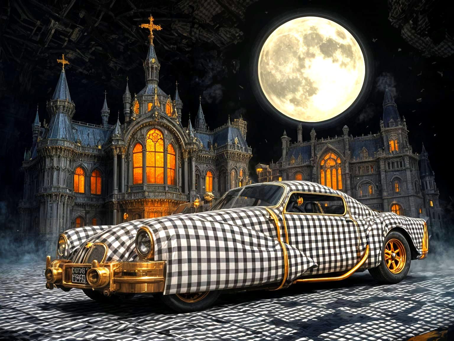 Steampunk Car in Gingham Print, Under a Dark, Mystical Sky