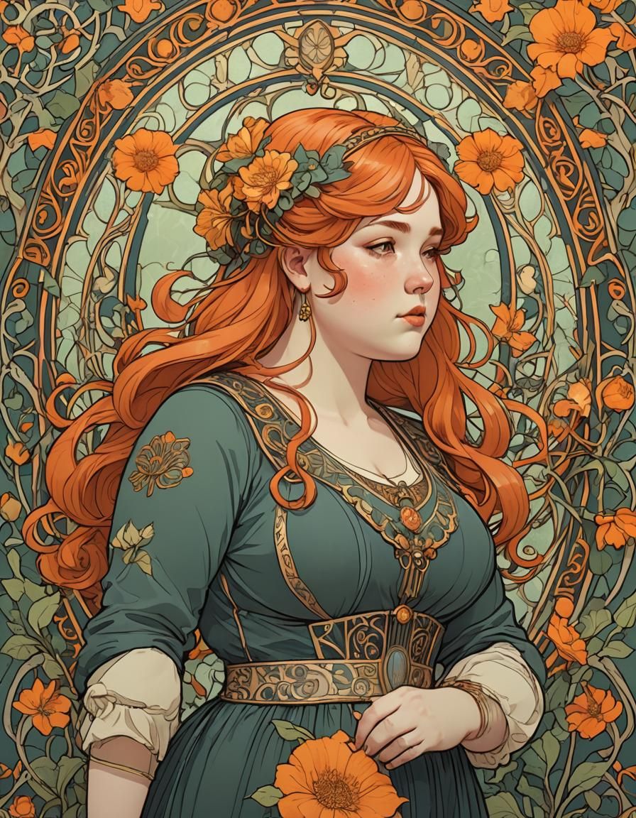 Art Nouveau Chubby Girl with Orange Hair