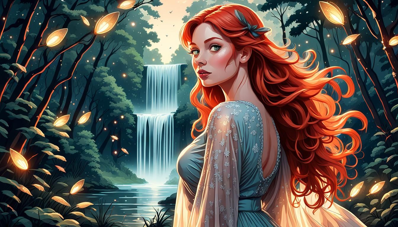 curvy ginger woman near waterfall