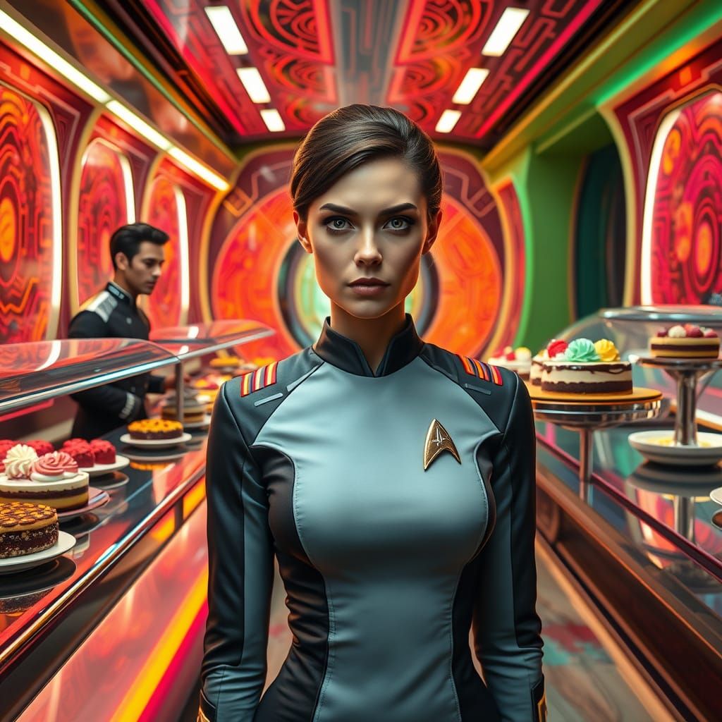 Sleek Starfleet Officer in Futuristic Dessert Parlour