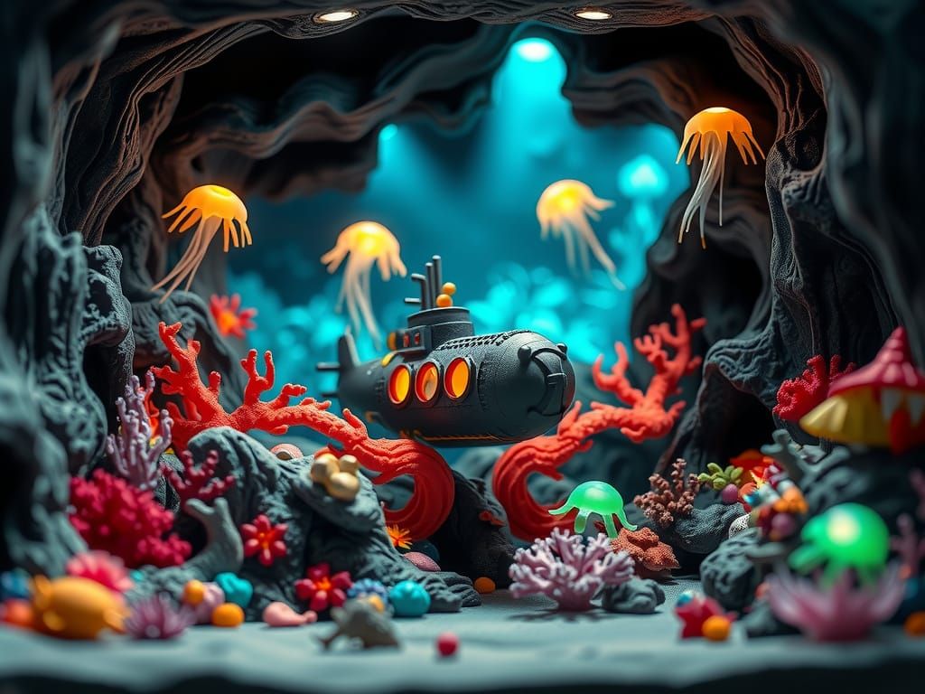 Toy Submarine Exploring Coral Reef Diorama