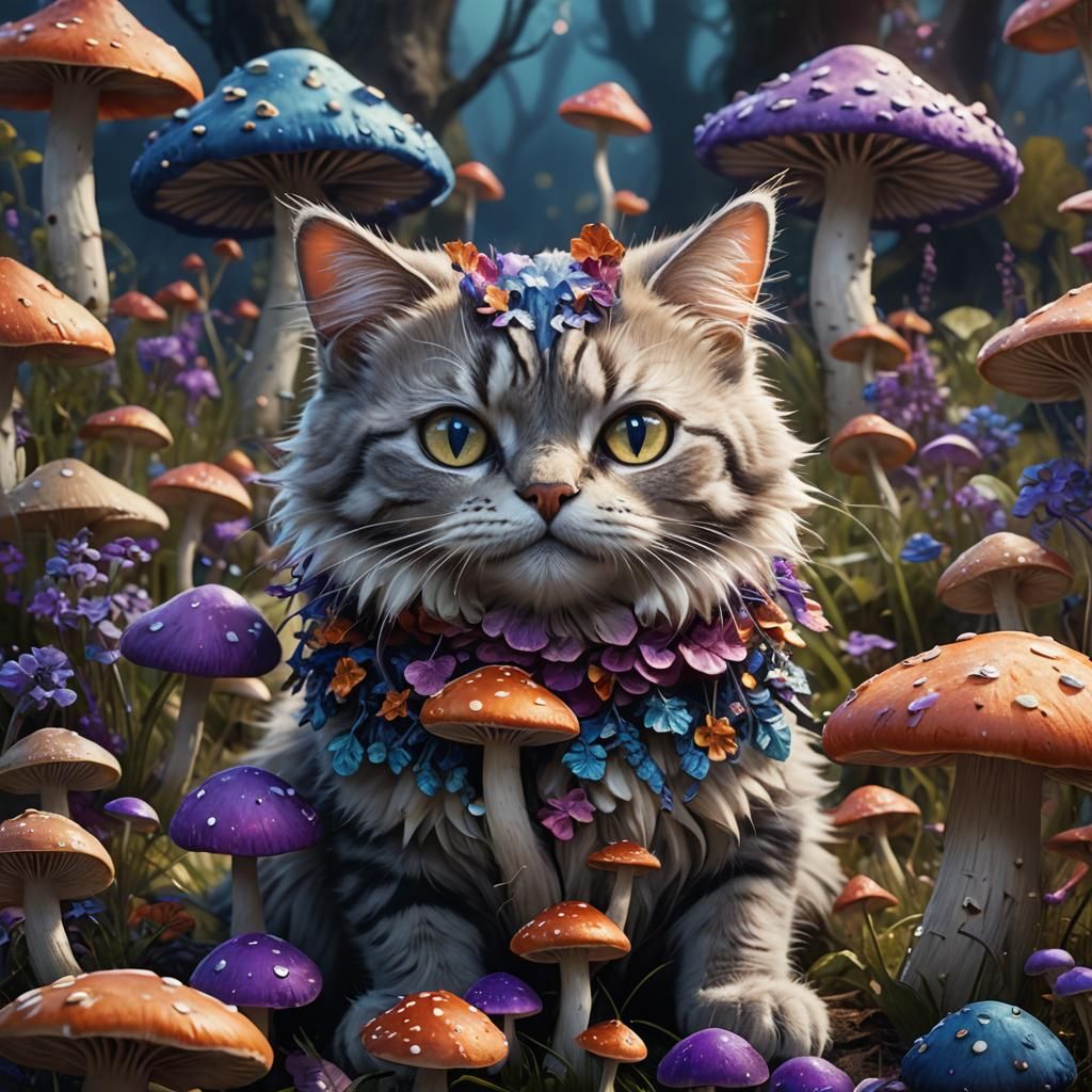 Mushroom Cat in Whimsical Fantasy Style
