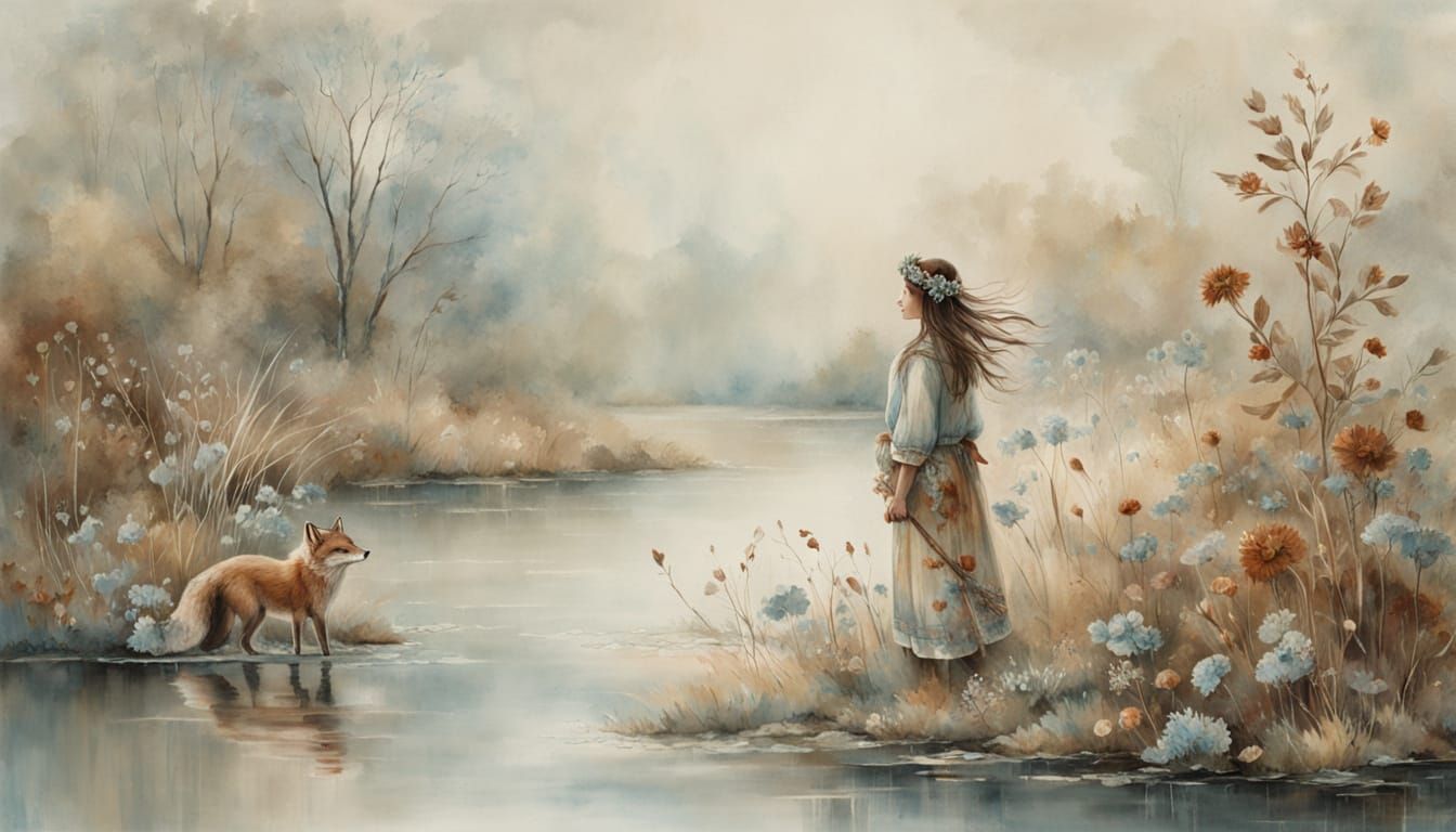Tribal Girl and Fox on Misty Riverbank in Watercolor Style