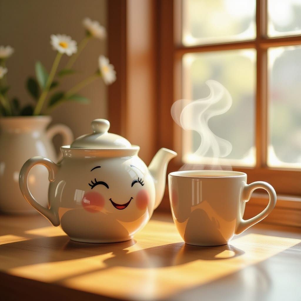 Cheerful Ceramic Teapot and Steaming Mug in Cartoon Style