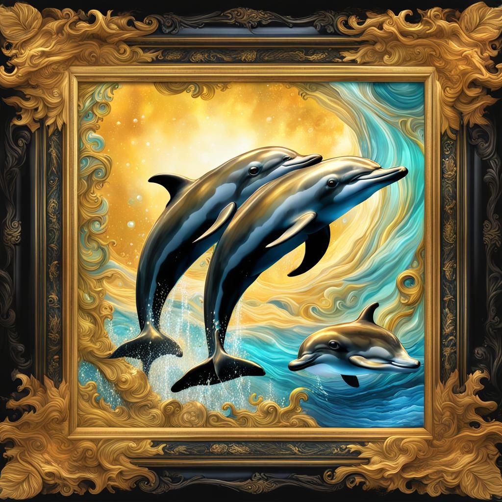 Golden Dolphins Play in Shimmering Waters