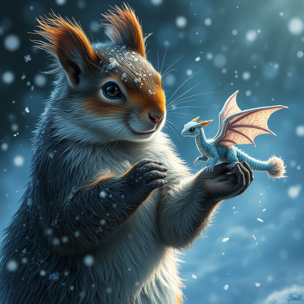 Surreal Winter Scene of a Squirrel and Companion in a Snowst...