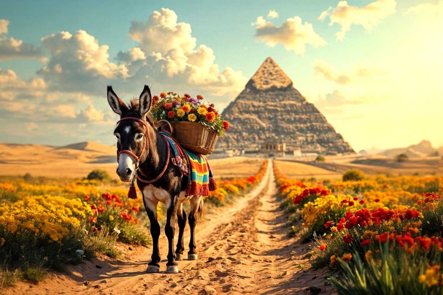 Donkey with Flowers Near Pyramid in Golden Light