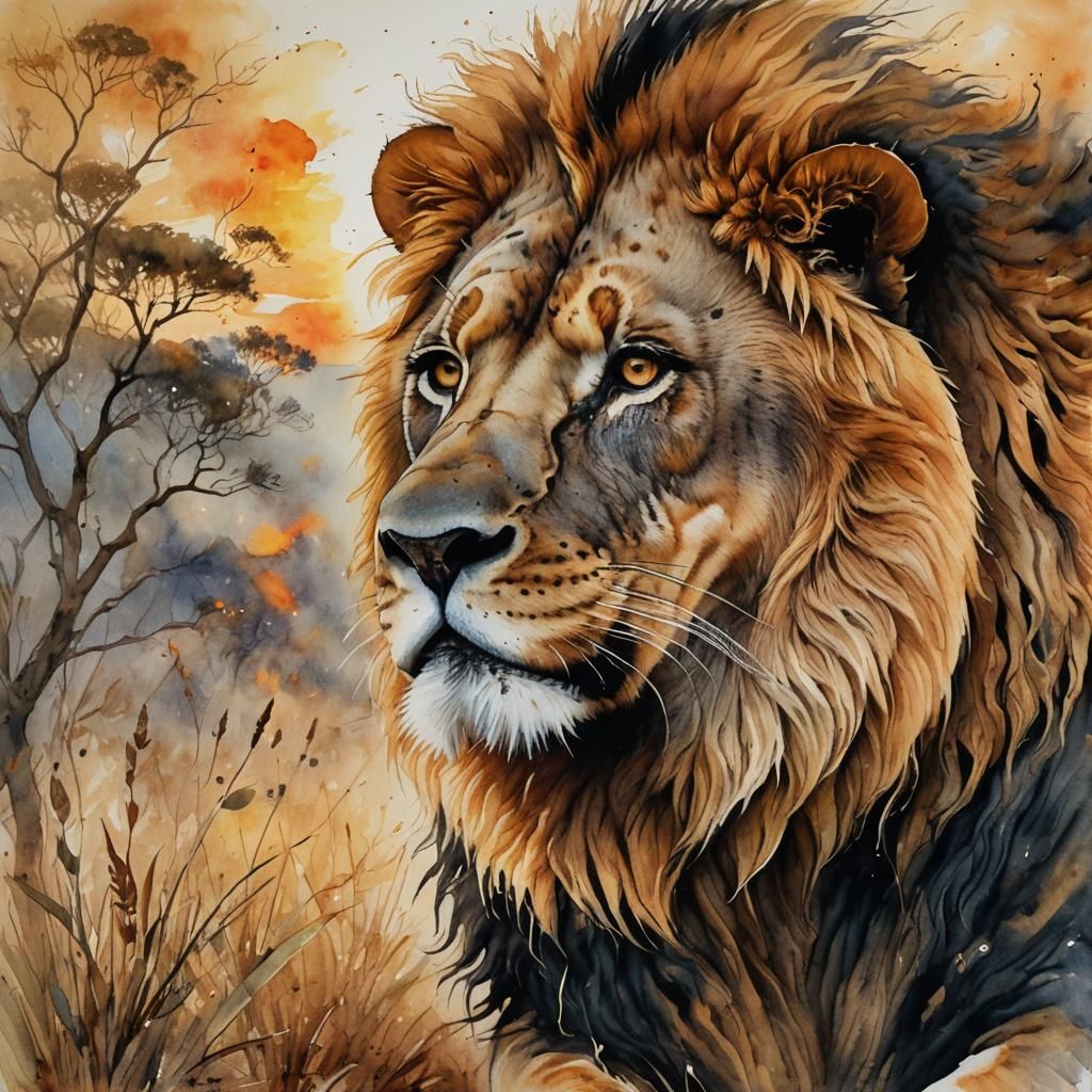 Brindle Lion Profile in Watercolor Sunrise Savanna