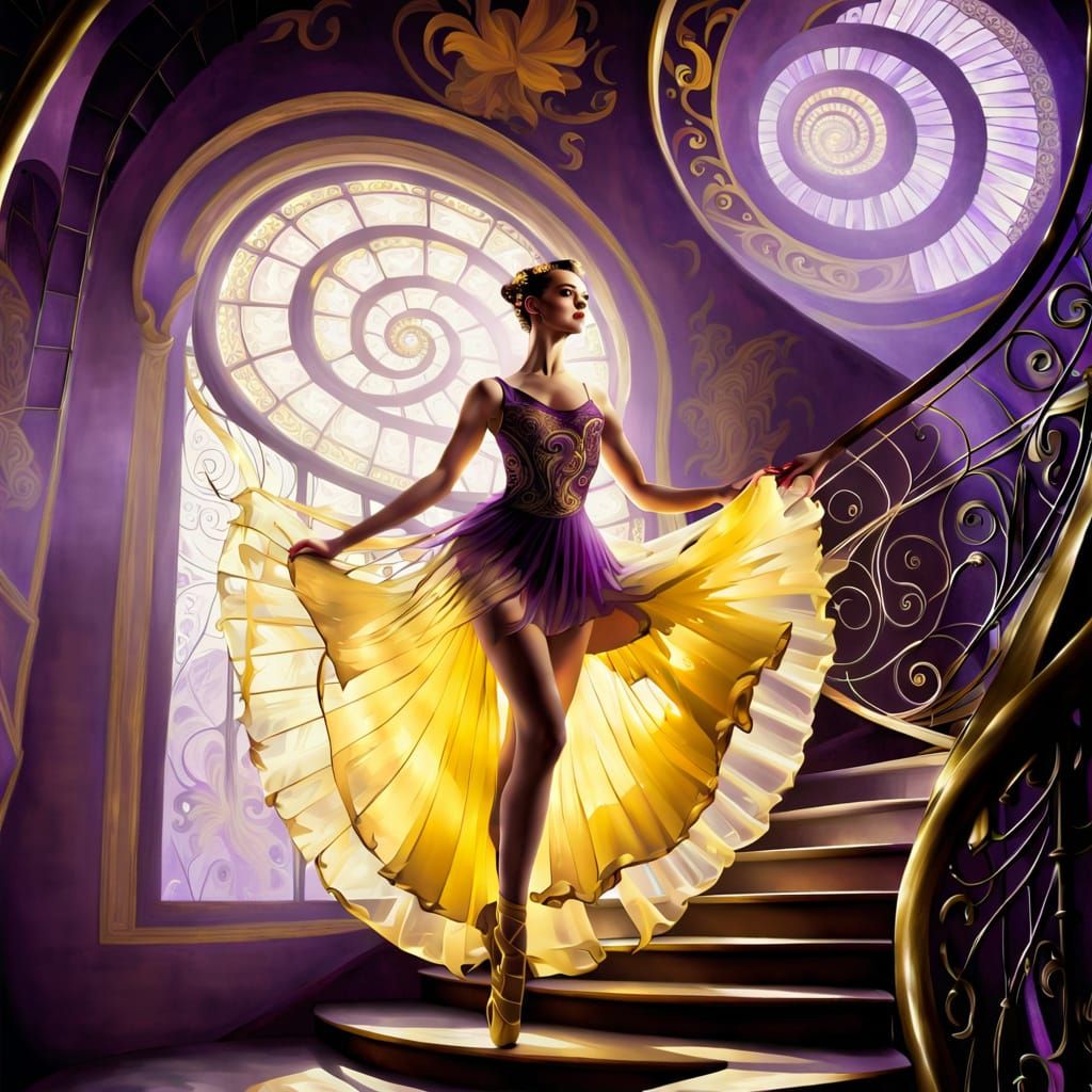 Ballerina on Spiral Staircase in Art Nouveau Style