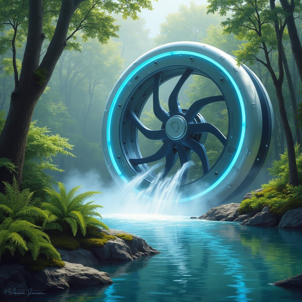 Sleek Futuristic Water Wheel in Harmony with Lush River Land...