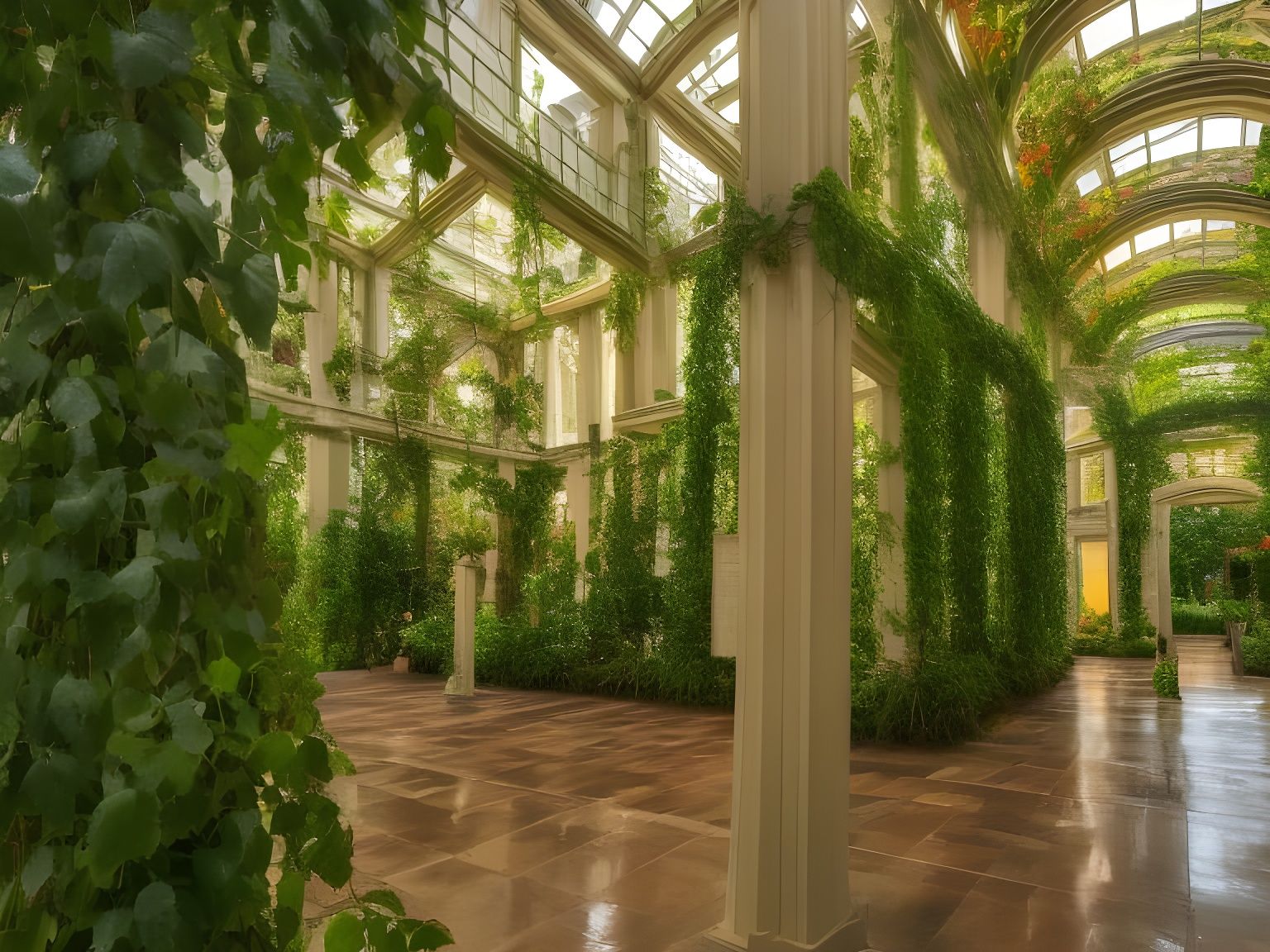 Lush Vines in a Sunlit Atrium Interior