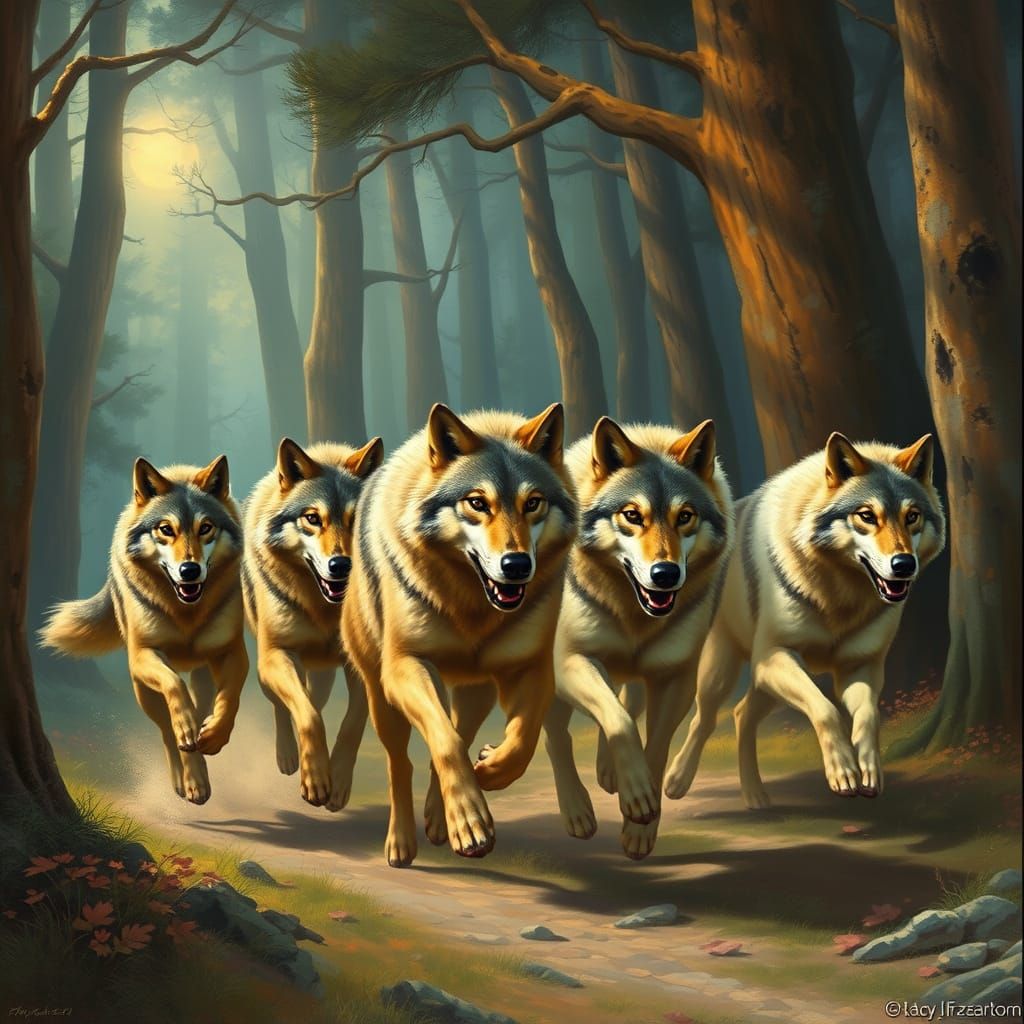 Wolves Run in Mystical Forest: Fantasy Art
