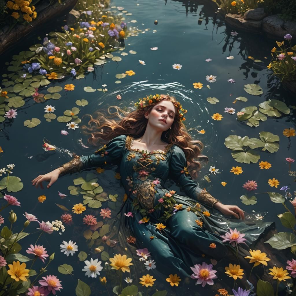 Ophelia Floating in a Flower-Filled River
