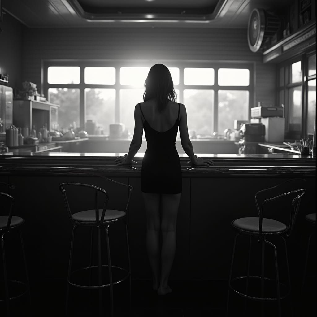 Retro-Futuristic Restaurant Scene in Black and White
