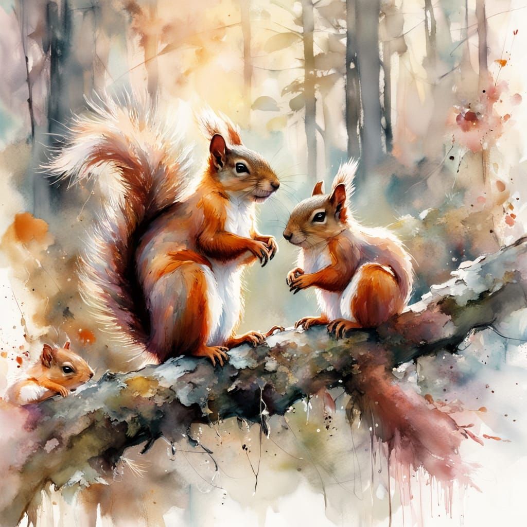 Cozy Squirrel Family Cuddles in Dawn Light