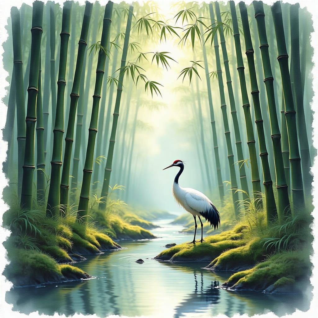 Dreamlike Bamboo Grove with Crane in Watercolor Style