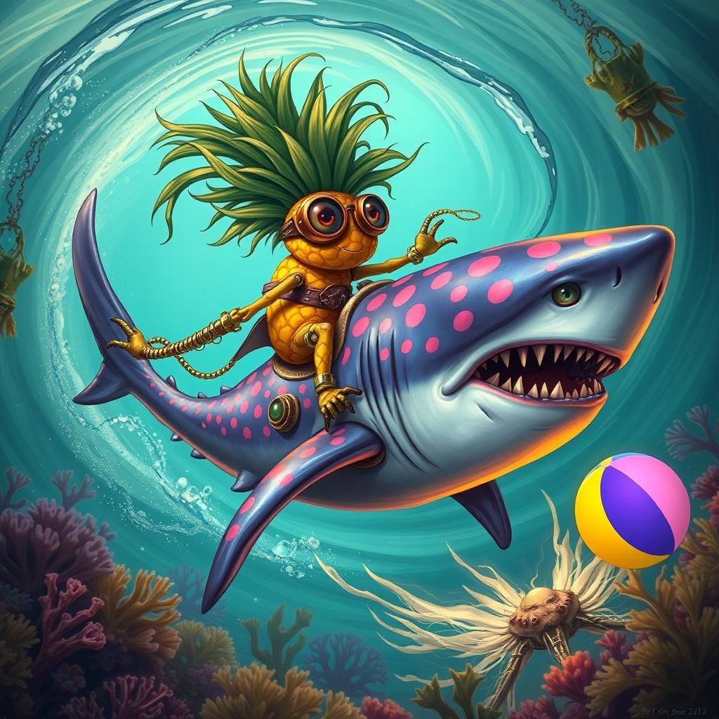 Pineapple Steampunk Creature Rides Shark Underwater