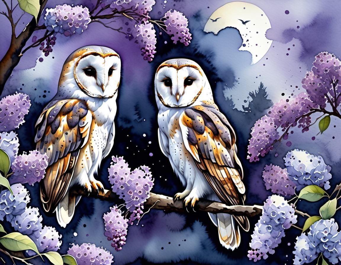Barn Owls in Lilac Tree: Watercolor and Ink