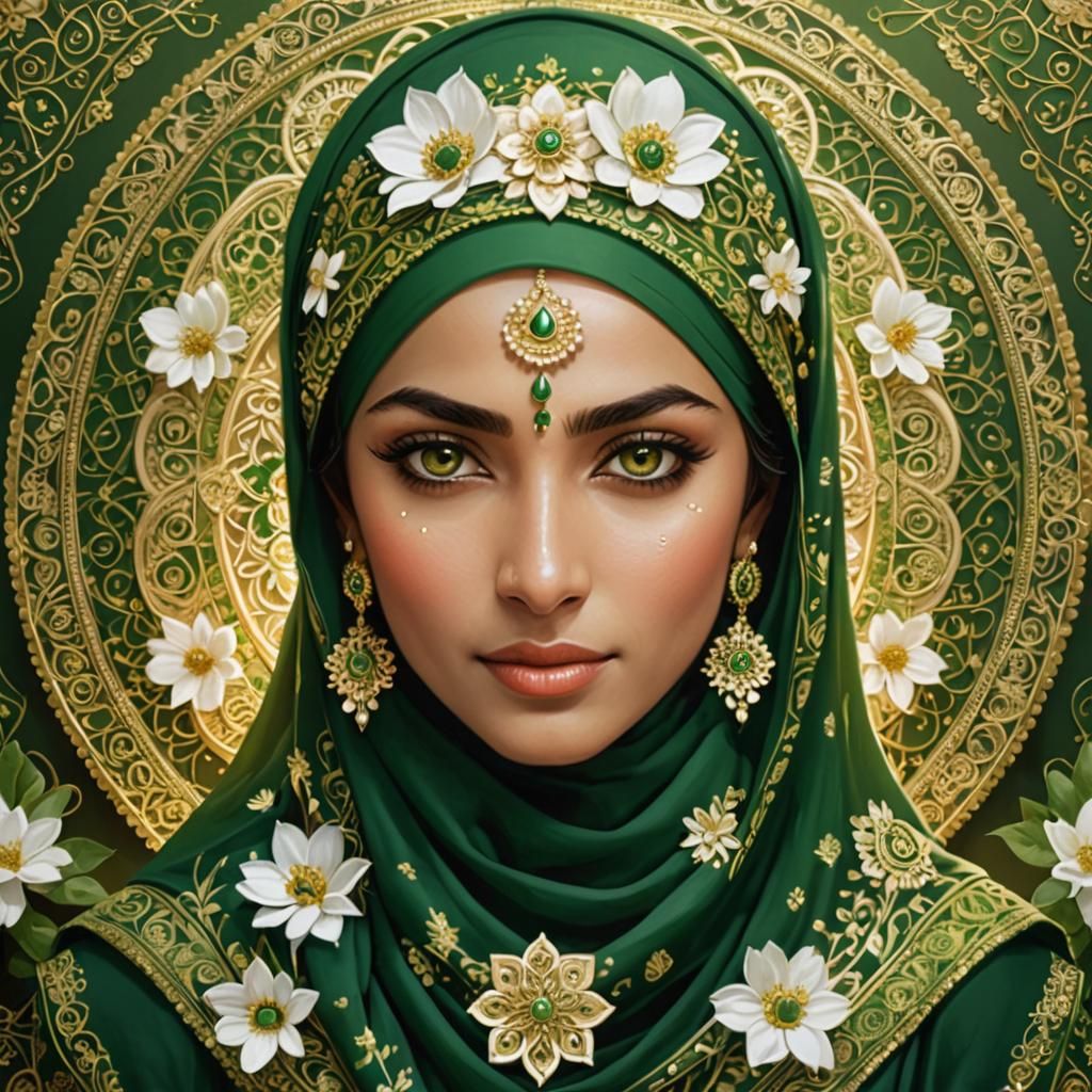 Woman in Green Hijab with Golden Floral Design