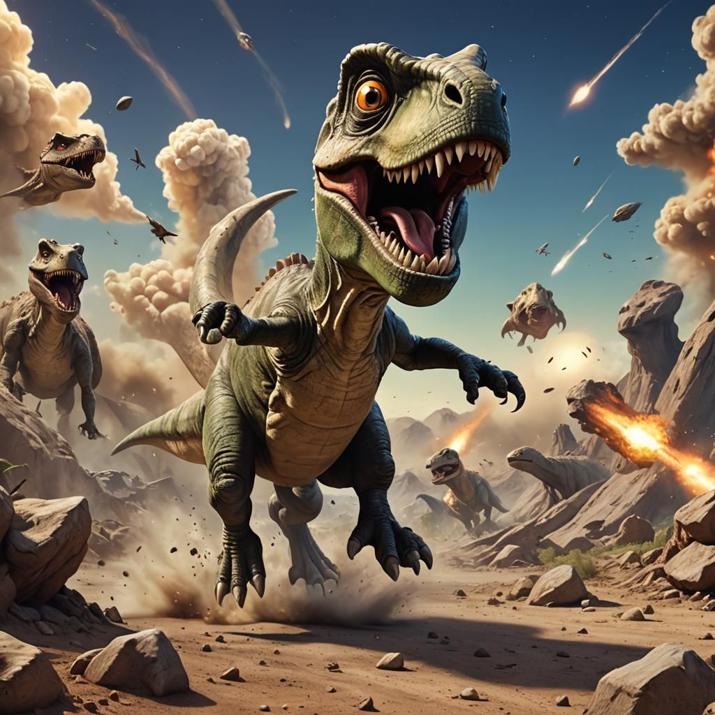 Dinosaurs with huge eyes, terrified, open mouth, running awa...