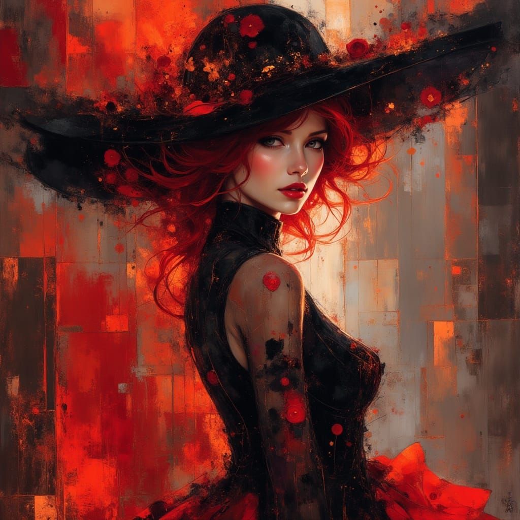 Elegant Futuristic Lady in Red Veil Hat