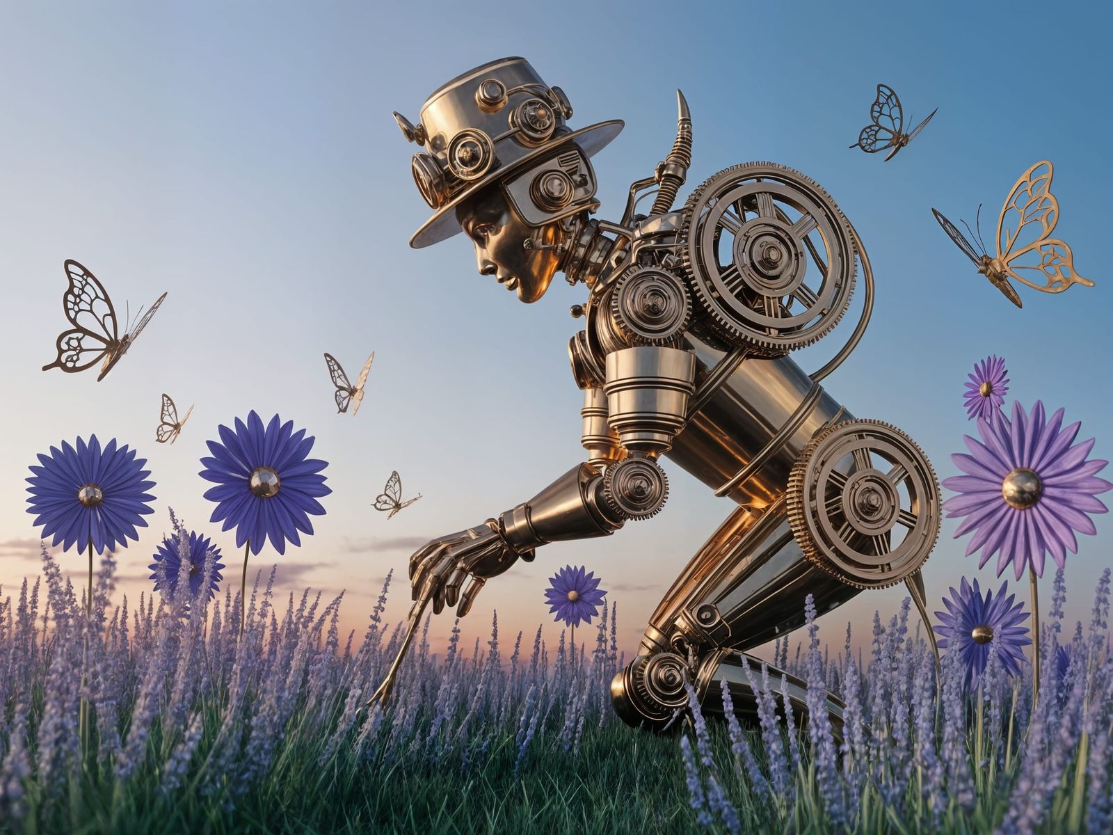 Steampunk Gardener Tending Whimsical Meadow