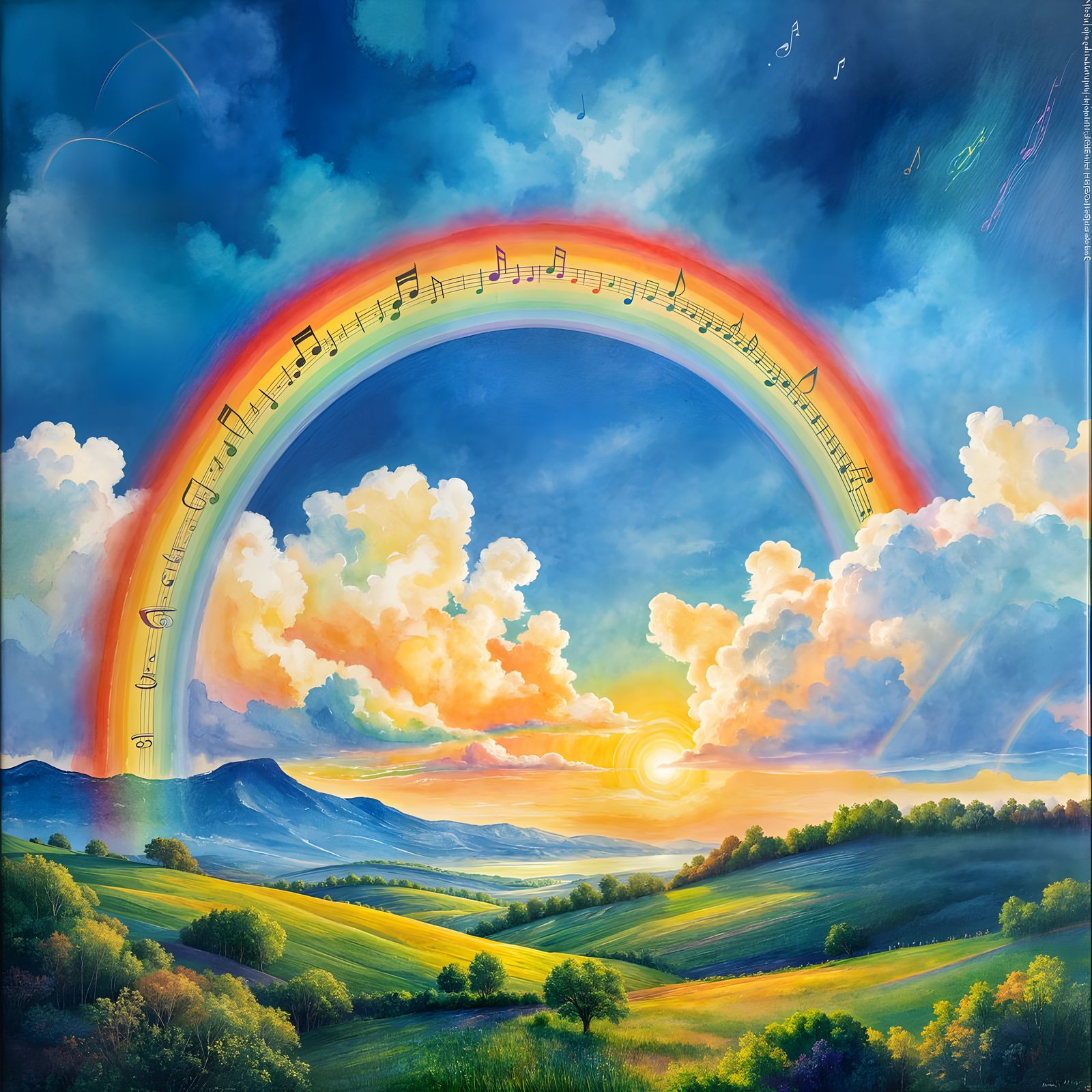 Musical Notes and Rainbows in Impasto Gouache Style