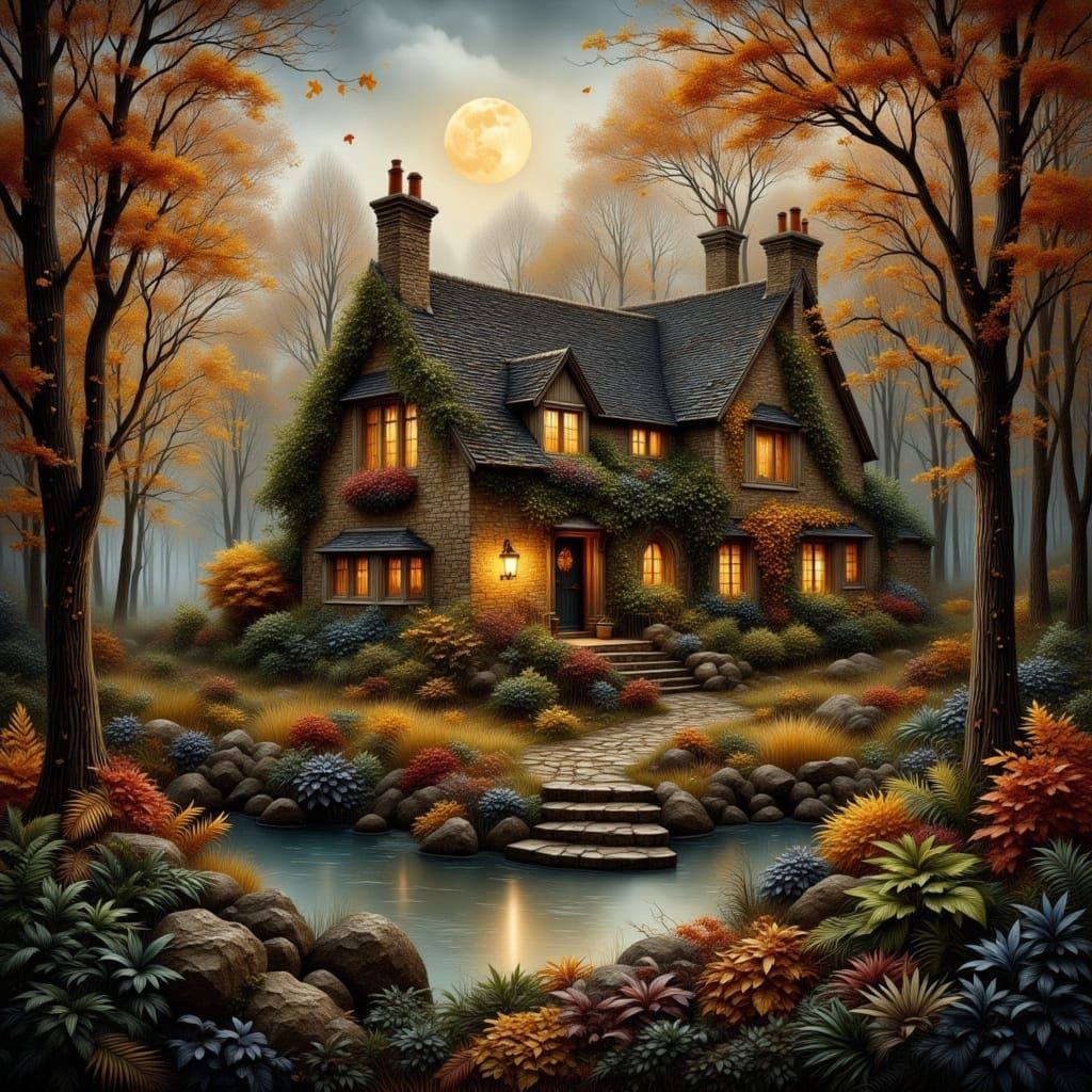 Quilled Autumn Forest with Rustic Cottage