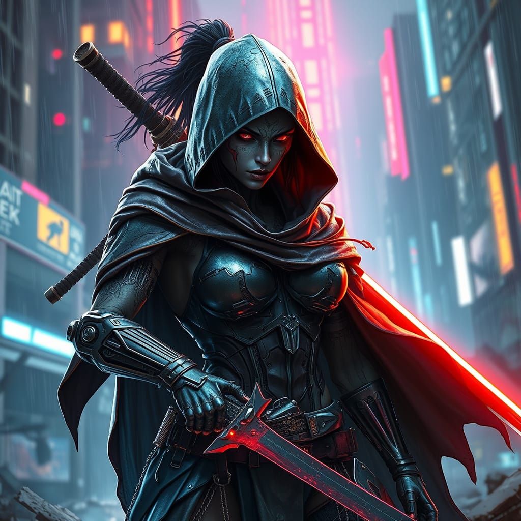 Cyborg Warrior in Cyberpunk Ruins with Glowing Katana