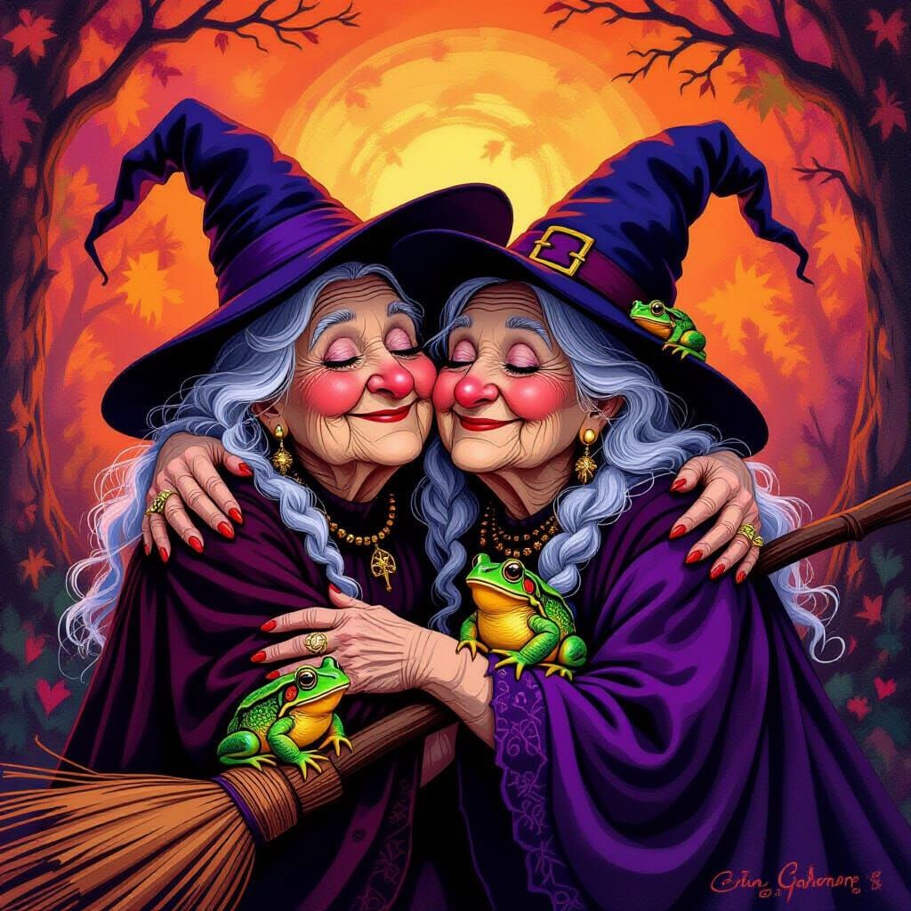 Two Witch Grandmothers Hugging on Love Day