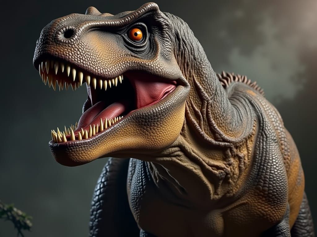 A vivid, close-up portrayal of a muscular, charred-electric T-Rex with exaggerated teeth, its form a captivating blend o...