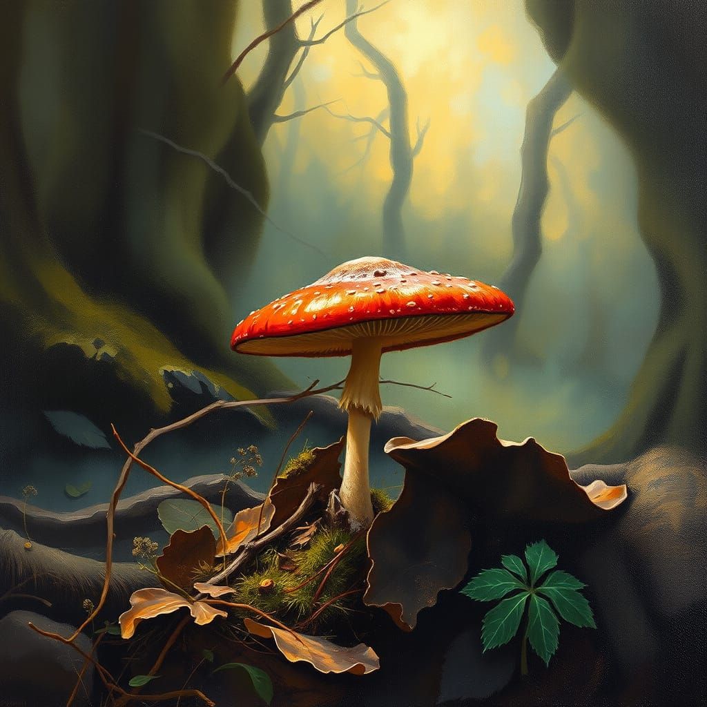 Vibrant Crimson Mushroom in a Misty Forest