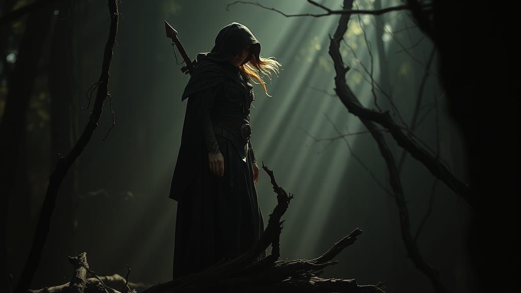 Elven Assassin in Shadowy Woods, Rembrandt-Inspired