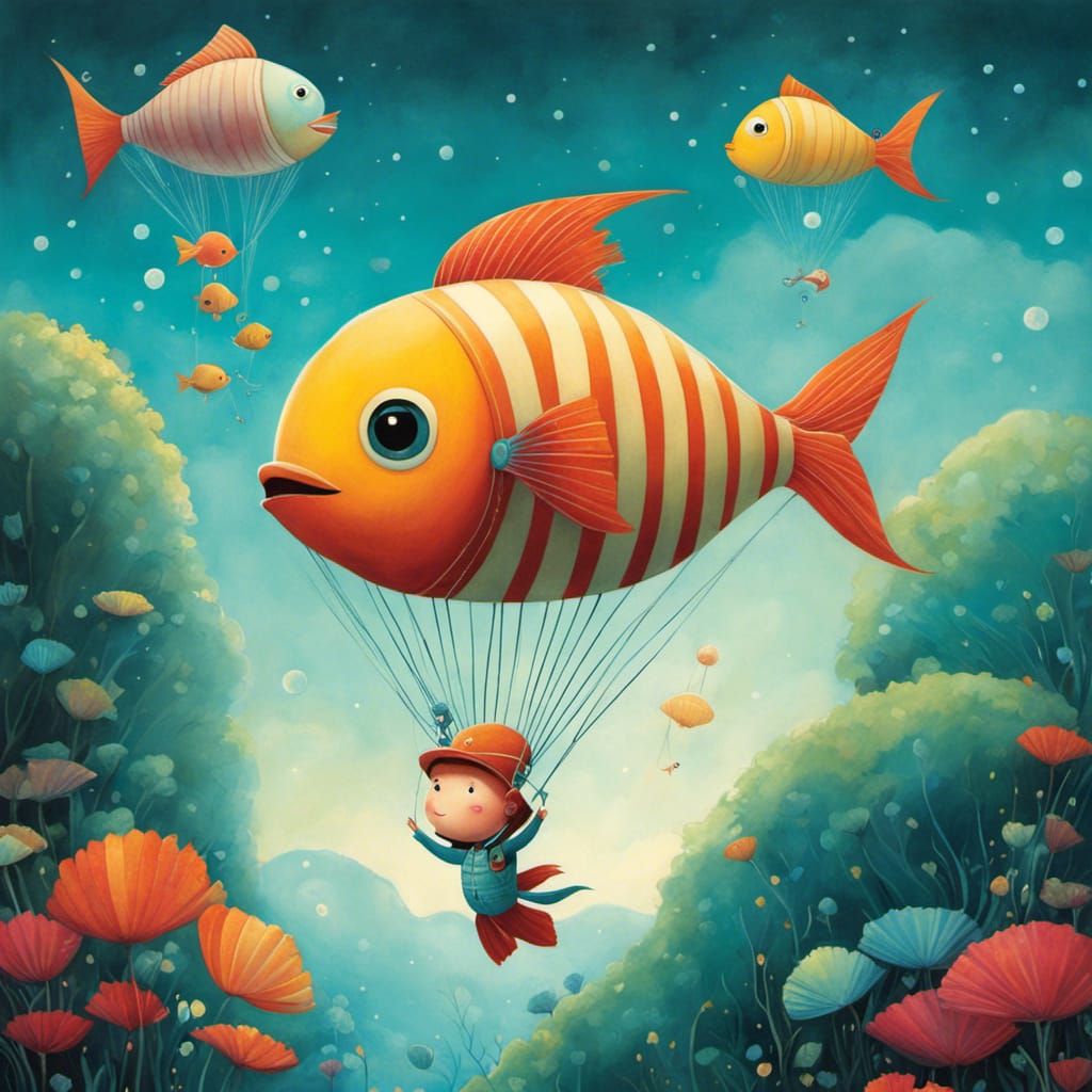Funny Fish Parachuting, Illustrative Style