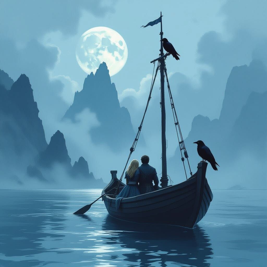 Ominous Voyage to the Isle of Mist in Frazetta Style