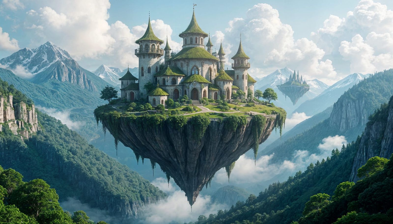 Floating Island with Elven Cottages, Fantasy Concept Art
