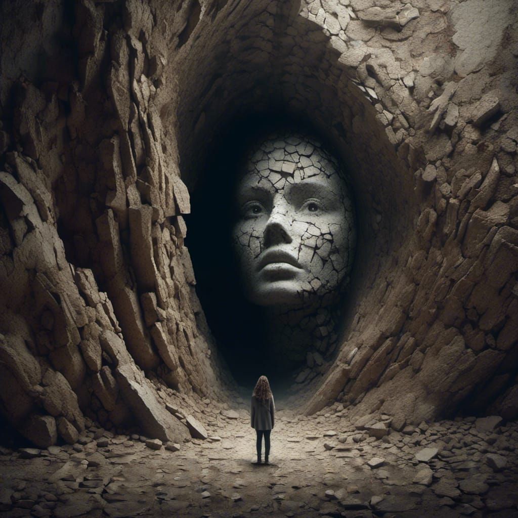 Man in Giant Head Statue Ruins, Digital Art