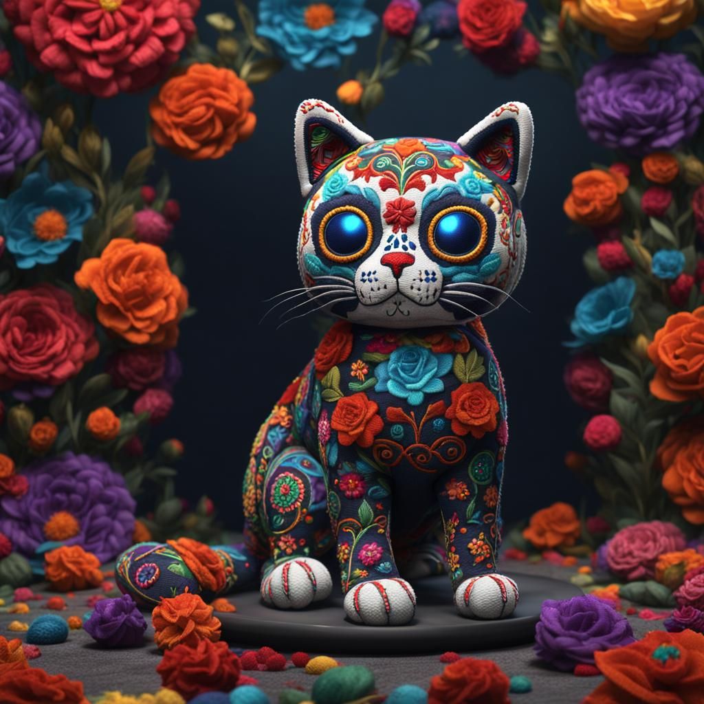 Day of the Dead Embroidered Fabric Cat