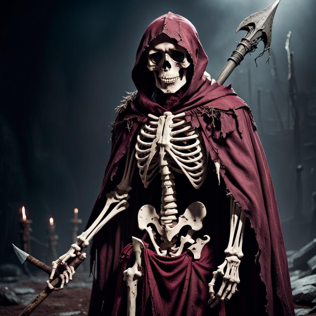 Epic Skeleton Warrior in Maroon Cloak, Ready for Battle