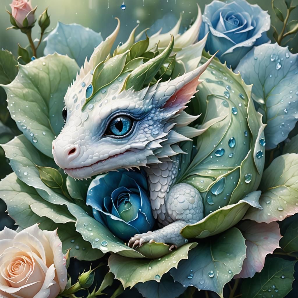 A tiny white baby dragon with large eyes curled up inside a ...