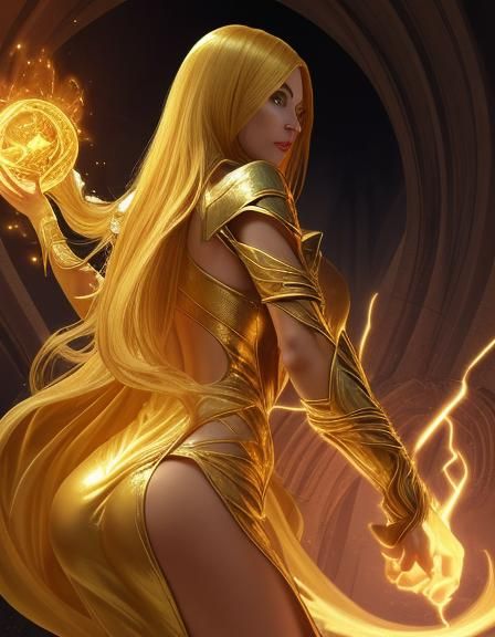 Golden Sorceress Repelling Evil with Magic