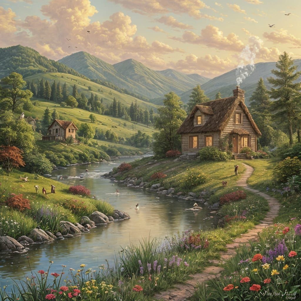Serene Landscape with River, Cottage, and Sunset