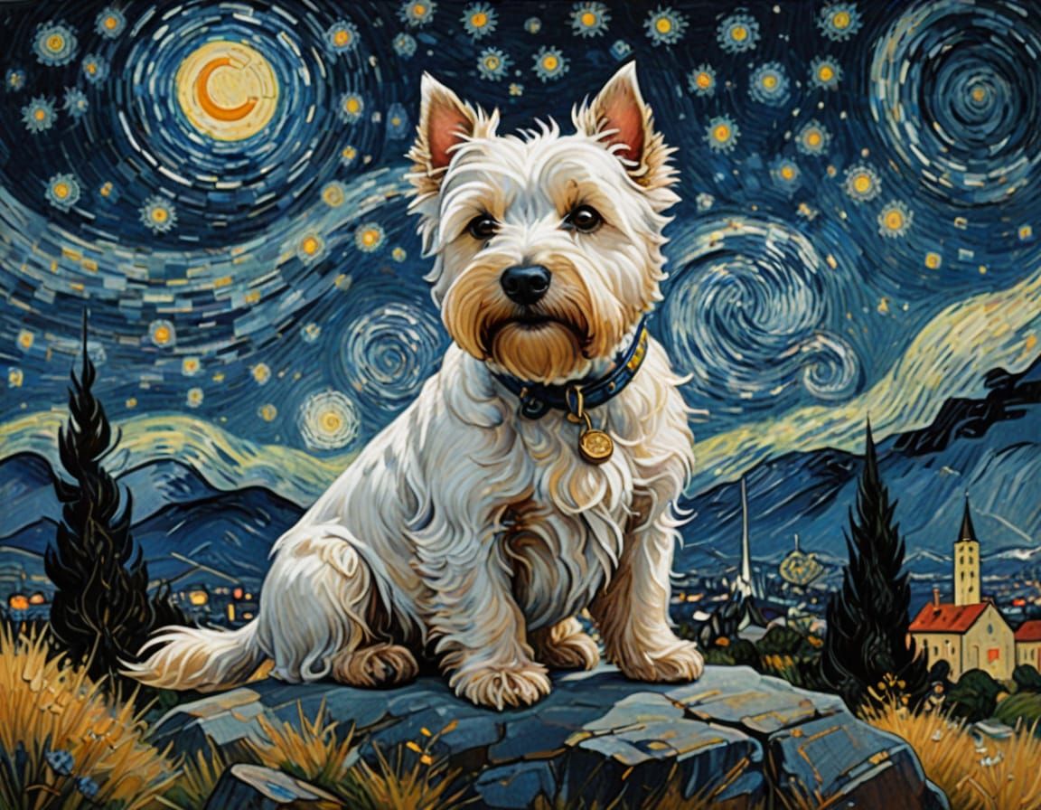 Surreal West Highland White Terrier in Van Gogh's Starry Nig...