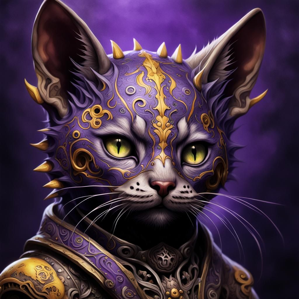 A kitten wearing a large rat scull on its head as a hat and ...