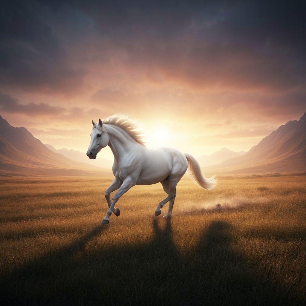 White Horse Galloping Across Plains at Sunrise