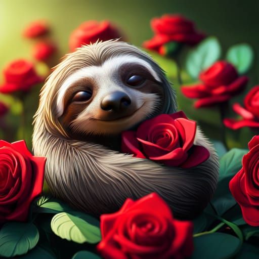 Baby Sloth Asleep in Rose, Pixar Style