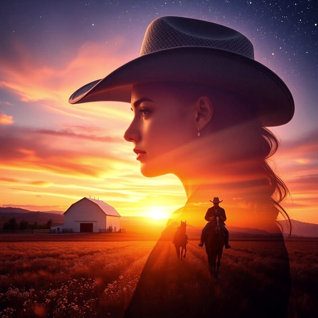 Cowgirl and Cowboy Double Exposure at Sunset
