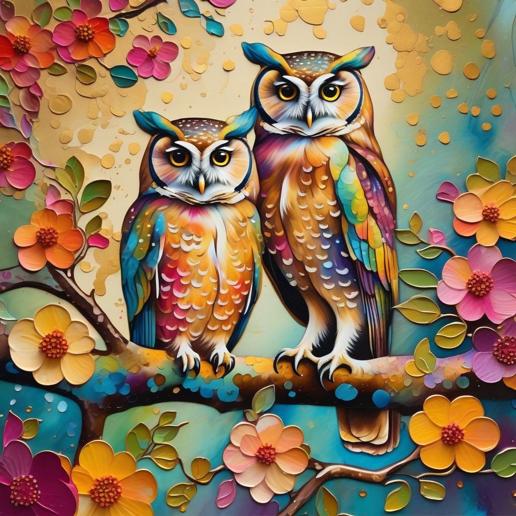 Pair of Owls in Cottagecore Garden Painting