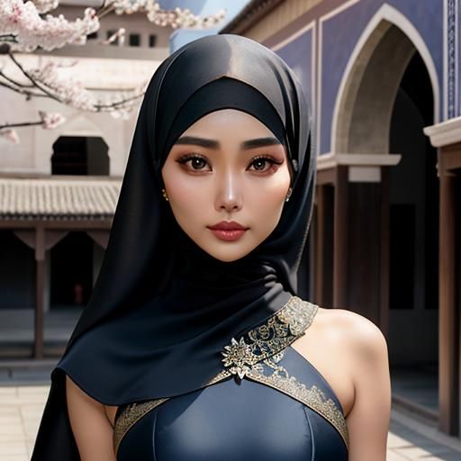 Stunning Indonesian Woman in Satin Dress with Hijab
